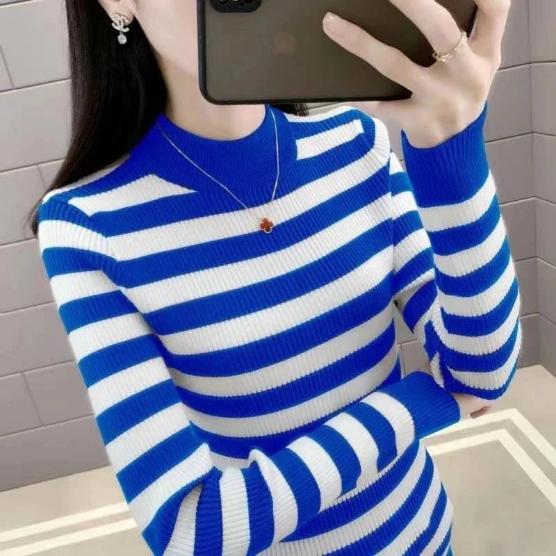 

Autumn Winter Long Sleeved Versatile Striped Knitted Sweater for Women High Neck Elastic Slim Pullover Top Bottoming Shirt