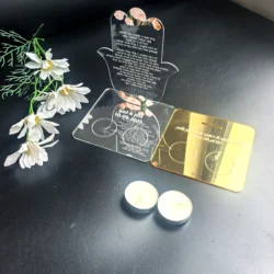 Hot Bar Mitzvah Custom10pcs Acrylic Prayer Cards,Transparent Acrylic Hamsa Hebrew Card, Mirror Rose Gold Base With Candle Model