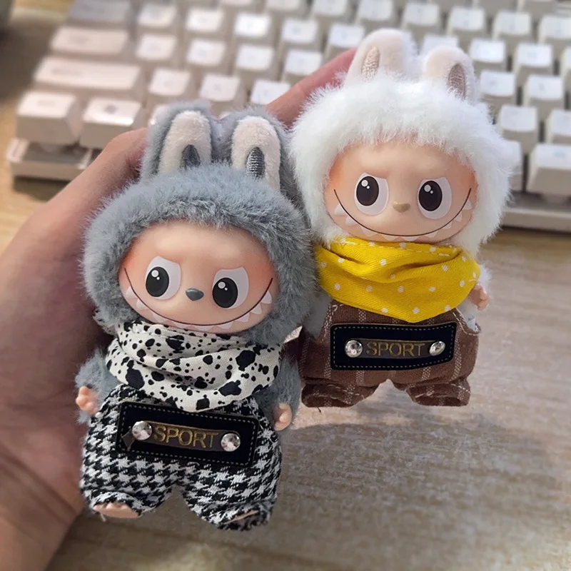 

New 10cm Labubu4.0 Clothes Denim Fashion Set with Overalls and Bibs, Two-piece Cow Polka Dot Set （no doll） doll accessories