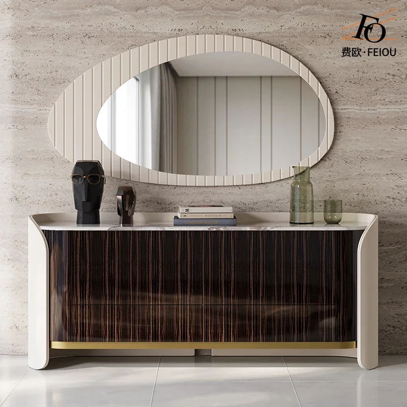 

Premium light luxury chest Italian wood grain paint marble side cabinet
