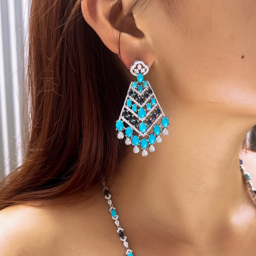 CWWZircons Luxury Chunky Blue Turquoise and White Cubic Zirconia Dangle Tassel Drop Long Party Wedding Earrings for Women CZ782