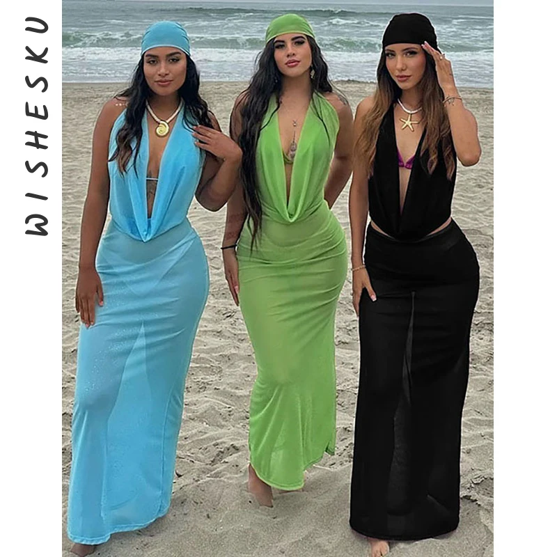 

Two Piece Set Women Mesh See Through Skirt Outfits Sexy Halter Cut Out Crop Top+High Waist Casual Cover Ups 2025 Summer Beach