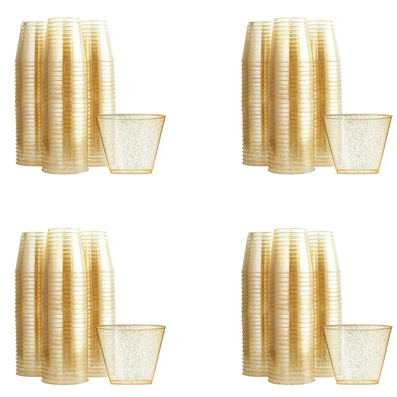 

B23B Gold Plastic Cups Clear Plastic Wine Glasses, Fancy Disposable Hard Plastic Cups With Gold Glitter For Party Cups 100Pcs