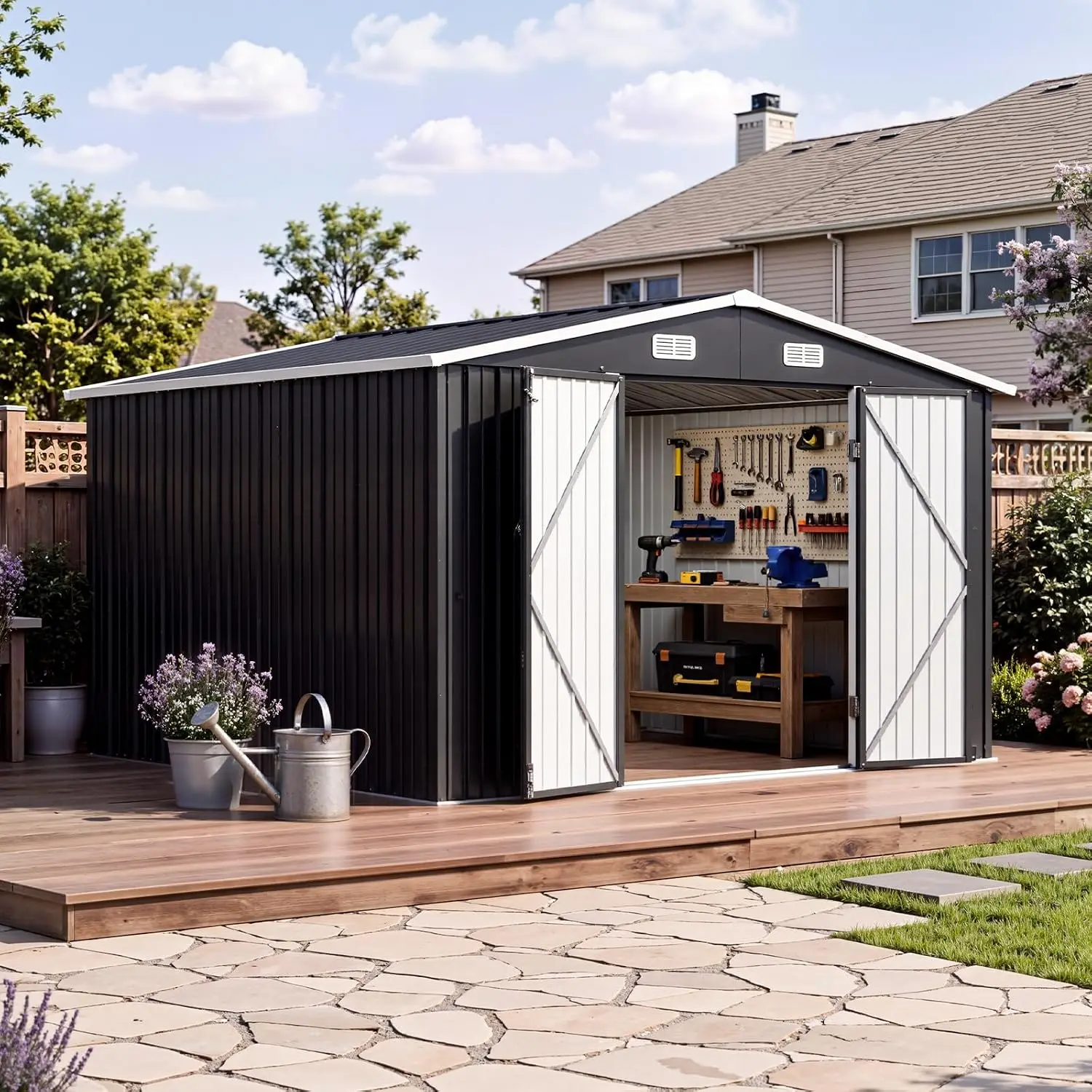 10x12 FT Outdoor Storage Shed with Lockable Double Doors, Black