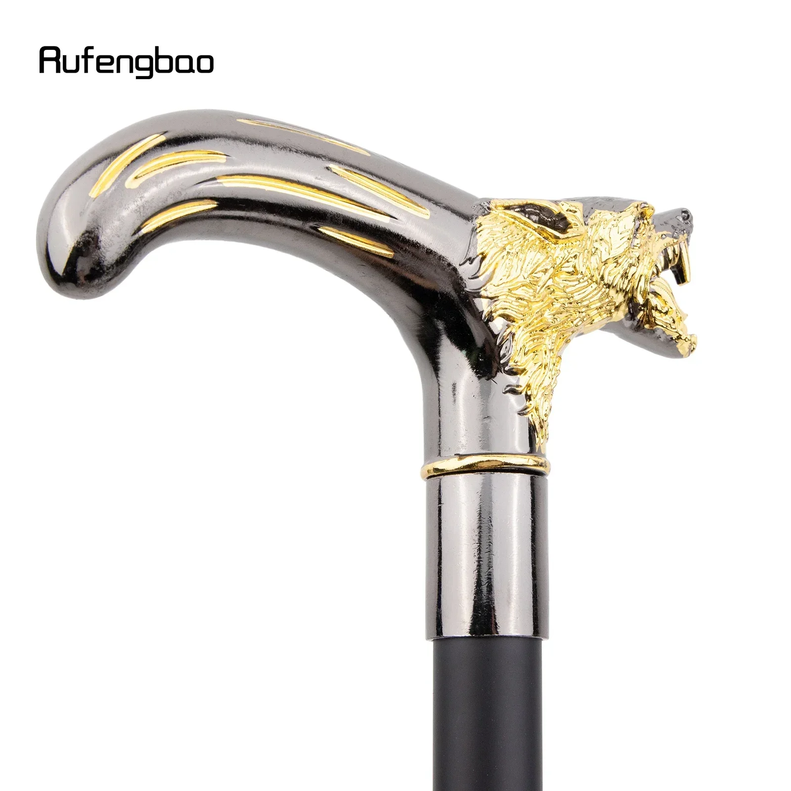 Cabeça de lobo preto dourado mordendo bengala moda decorativa vara cavalheiro desempenho cana 92cm desempenho palco cana