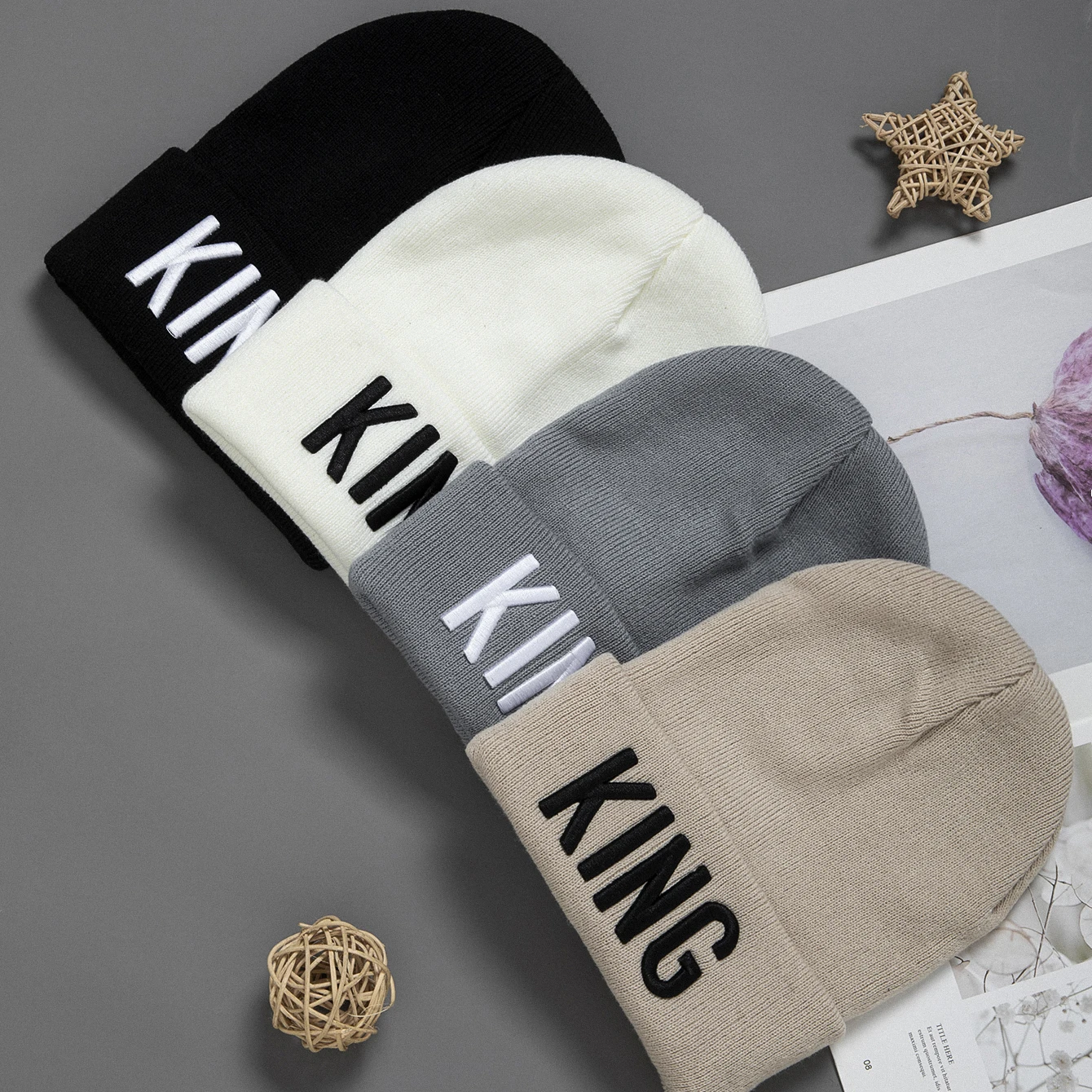 Unisex embroidered knitted hat Letter King Winter warm woolen hat A stylish hat that goes with everything