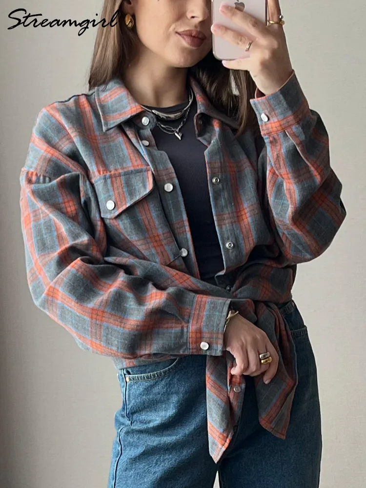 Vintage Oversize Plaid Shirt For Women Long Orange Plaid Tops Oversized Blouse Orange Women\' s Loose Plaid Shirts Long Sleeve