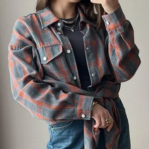 Quần áo của phụ nữ cờ vua, áo sơ mi kẻ sọc quá khổ cổ điển cho phụ nữ áo dài màu cam áo cam quá khổ Phụ nữ áo sơ mi lỏng lẻo kẻ sọc dài tay 12 Quần áo bán hàng chính Orange - 3