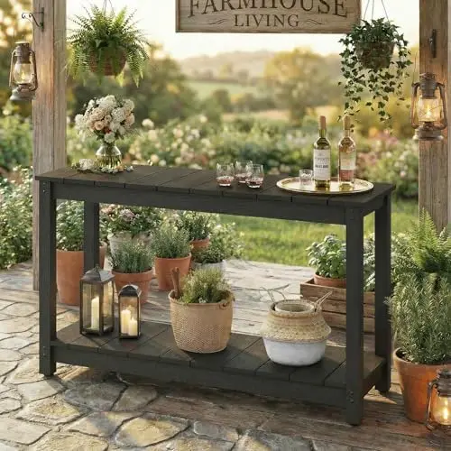 Outdoor Console Table, All-Weather 2-Tier Patio Console Table with Adjustable Feet, Low Maintenance, for Backyard