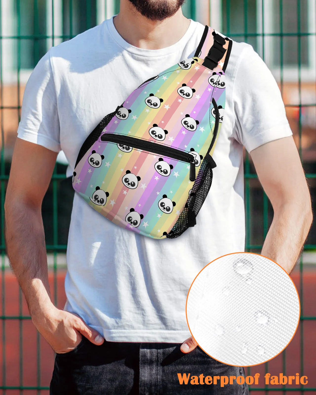 

Cartoon Animal Panda Star Rainbow Stripes Chest Bag for Men Casual Sports Shoulder Bag Women's Travel Waterproof Messenger Bag