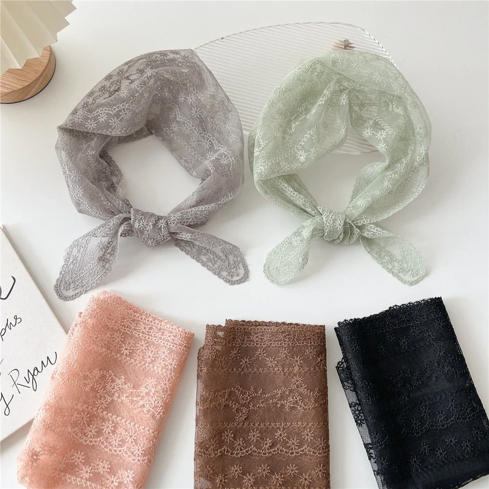 

Прозрачный кружевной полый шарф, треугольный платок на голову, женские элегантные ленты для волос, банданы, женский шарф с бантиками для девочек, повязка на голову