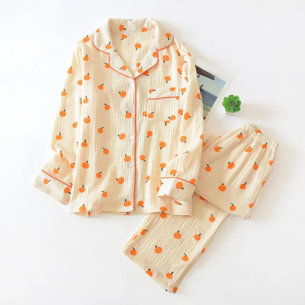

Comfortable V-neck Fruits Pajamas Suit Sweet Homewear Two Piece Nightwear Loose Short-sleeves Orange Nightdress Set Home