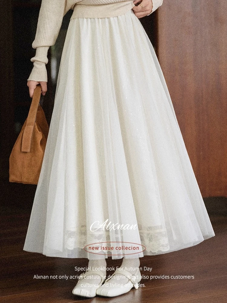 

ALXNAN White Mid-waist Dress Lace Mesh Insert Patchwork Gentle Elegance Versatile Loose 2025 Autumn Women's Long Dress L569110