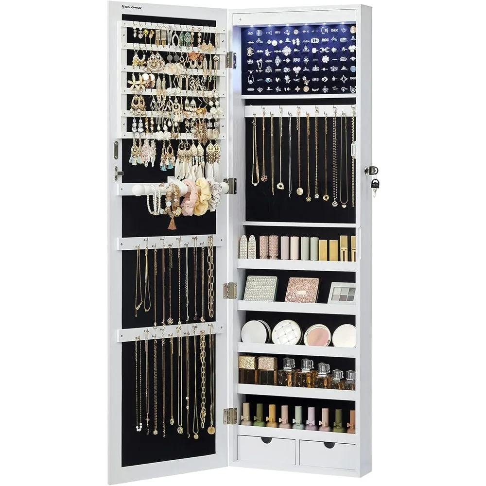 

6 LEDs Mirror Jewelry Cabinet, 47.2-Inch Tall Lockable Wall or Door Mounted Jewelry Armoire Organizer, 2 Drawers, Mirror