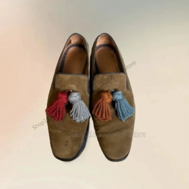 Colorful Tassels Decor Brown Flock Penny Loafers Fashion Slip On Men Shoes Luxury Handmade Party Feast Banquet Men Casual Shoes