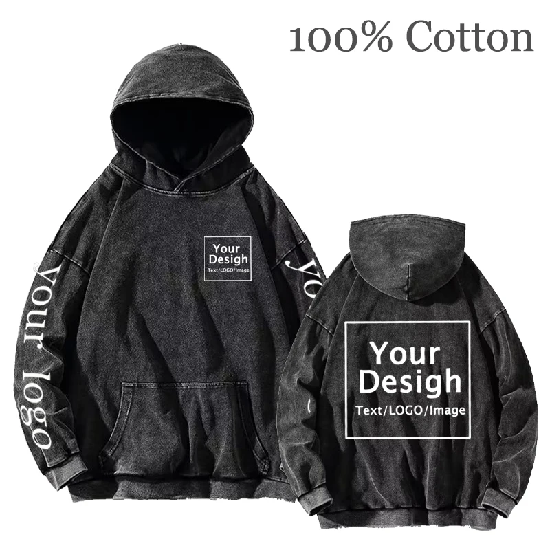 Men\'s Custom Print Clothing Your OWN Logo DIY Vintage Acid Wash Cotton Hoodies Oversized Hip Hop Sweatshirts Casual Y2K Clothes