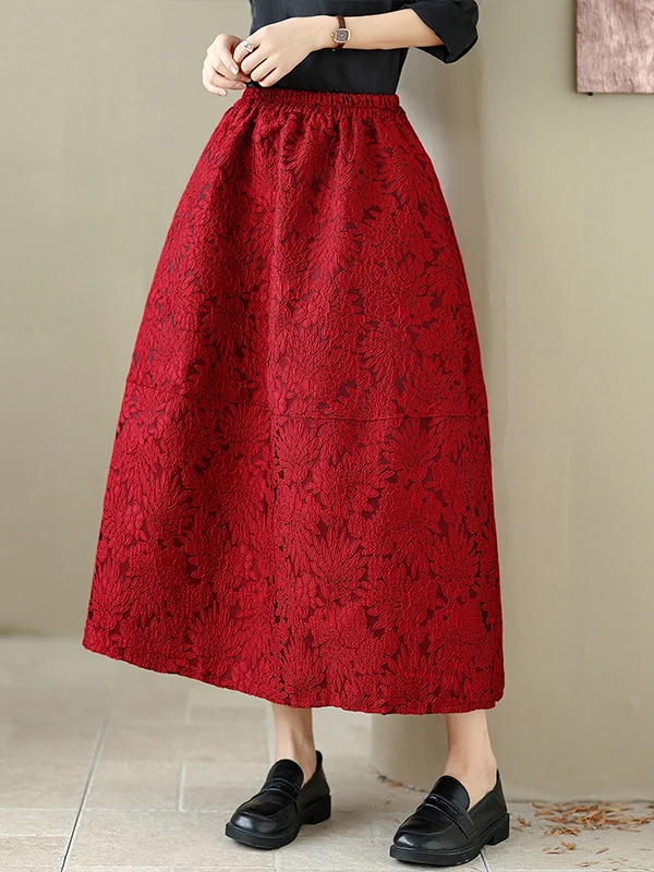 

2025 Autumn Winter New Sle Emed Floral f Skirt Women's High Waist Midi A-Line Skirt Versatile Casual High Waist Skirt