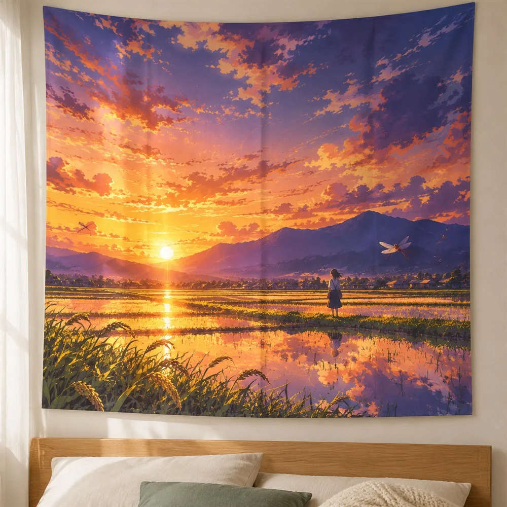 VIKAMA Rice Field Sunset Anime Tapestry Wall Hanging, Cinematic Anime Wall Decor Tapestries for Bedroom Living Room Study Dorm