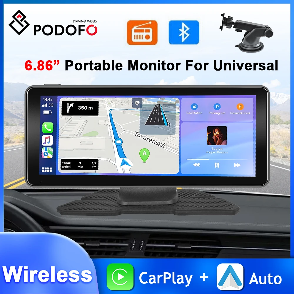 

Podofo 6.86'' Carplay Wireless Monitor Android Auto Car Monitor Bluetooth Mirror Link Airplay Android Cast AUX Smart Monitor