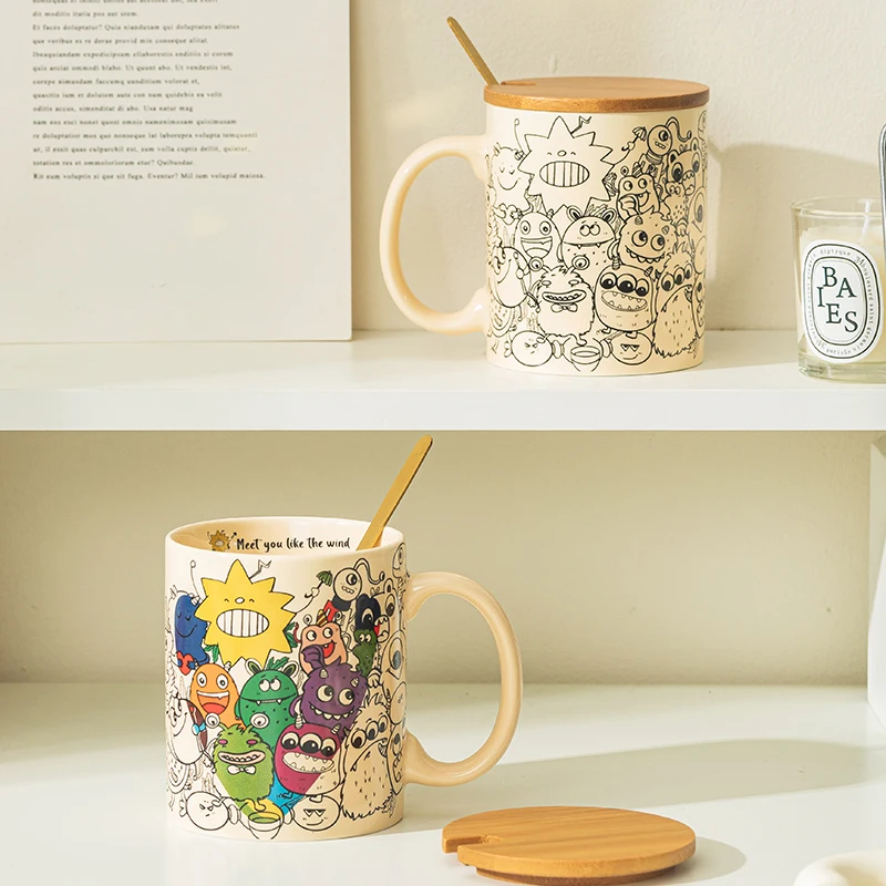 American Graffiti Ceramic Mug, Cartoon Personality Design Coffee Mugs, Breakfast Milk Cups with Lid Spoon, Holiday Gift Tea Cup