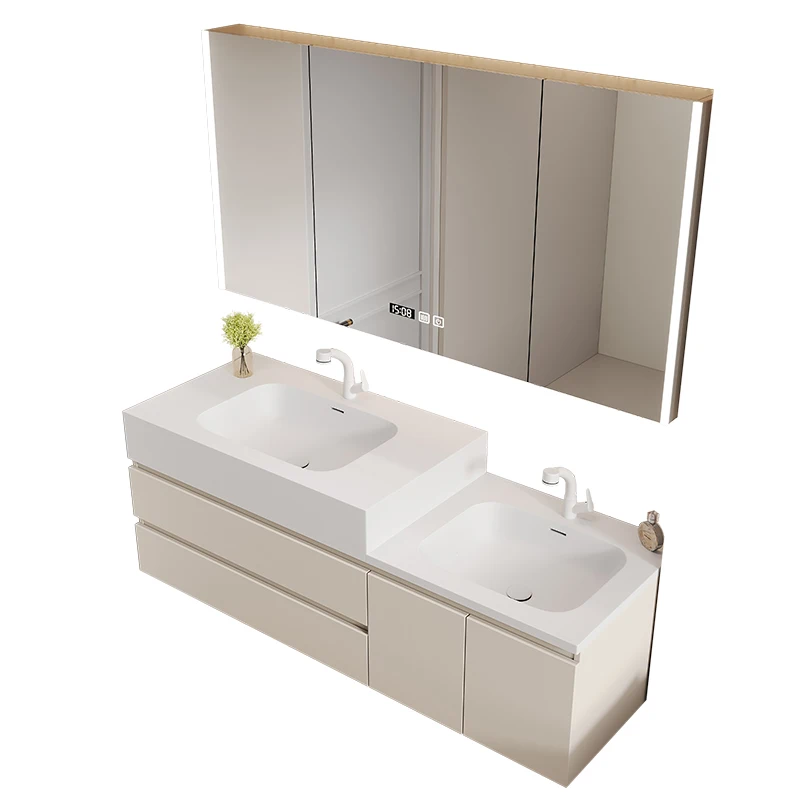 

Integrated basin double faucet parent-child enlarged basin bathroom cabinet combination high and low washing table customization