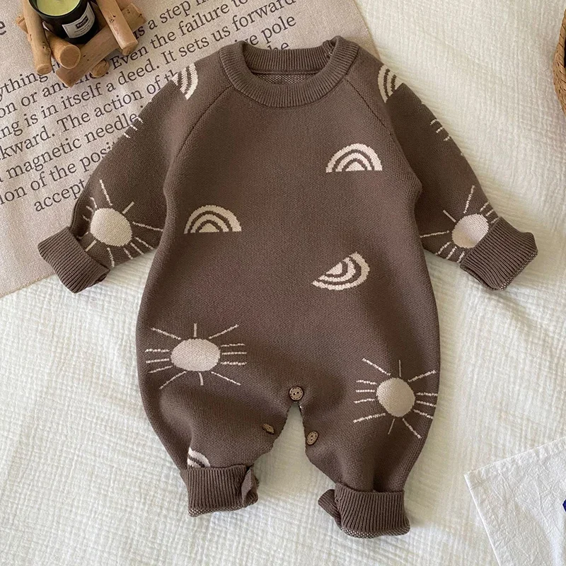 جديد ربيع 2026 جمبسوت محبوك للفتيات الصغيرات بأكمام طويلة مطبوع عليه طفل رضيع فتاة رومبير محبوك ملابس الأطفال