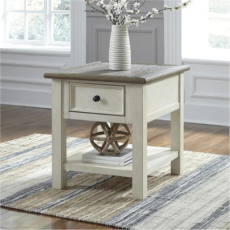 Antique White/Oak End Table Living Room – Two-Tone Distressed Wood Side Table, Smooth-Gliding Drawer, Farmhouse Plank Top