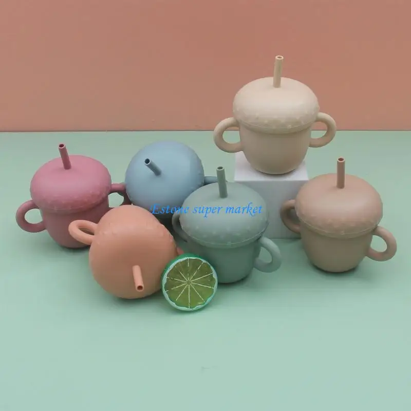 

090B Portable Baby Silicone Cup Infants Feeding Bowl with Double Handle No Spill Feeding Container Straw Water Bottle Sippy Cup