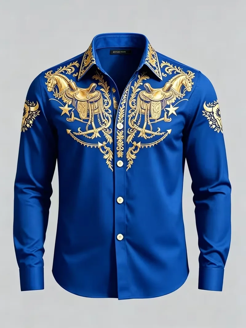 New navy blue bottom gilded saddle pattern western shirt American retro denim style men's long sleeved shirt