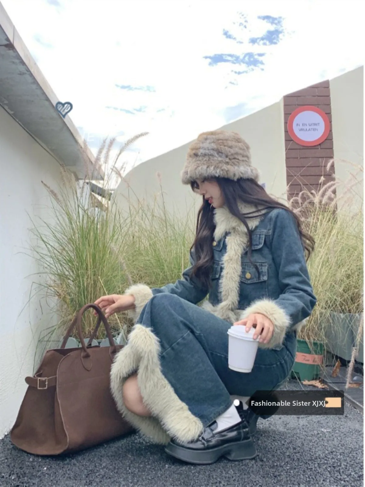 

Retro Denim Set Winter Furry Jacket Long Skirt Half Skirt Two Piece Set High End Korean Drama Main Character Outfit