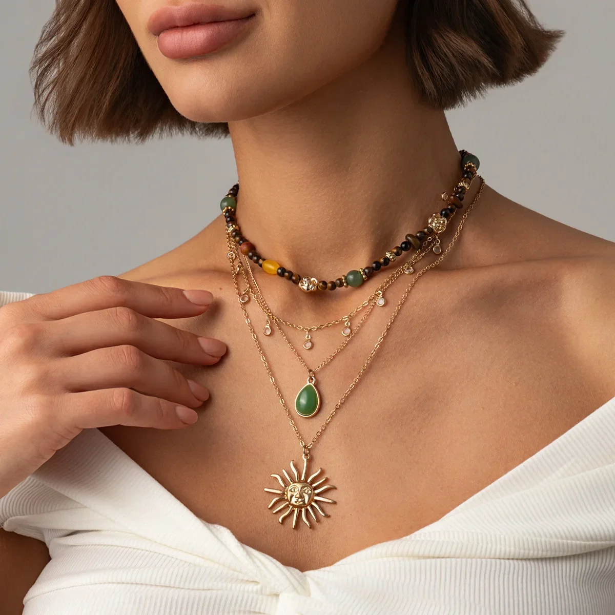 4Pcs/Set Vintage Water Droplet Sun Pendant Metal Beaded Necklaces Set for Women Irregular Geometric Stacked Necklace Jewelry