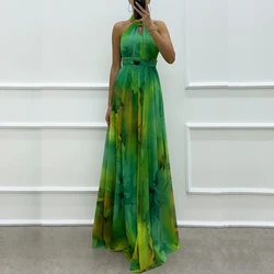 Elegant Hanging Neck O-neck Evening Dress Women Sexy Hollow Lace-up Pleated Long Dress Fashion Pattern Print Bohe Party Dresses