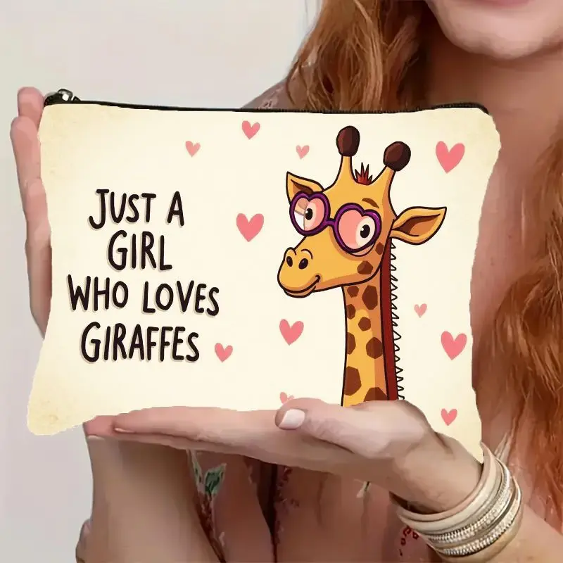 Cute Giraffe Lovers Cosmetic Bag，Features heart-shaped glasses and a spotted giraffe print ，Zippered makeup bag，Durable and ligh