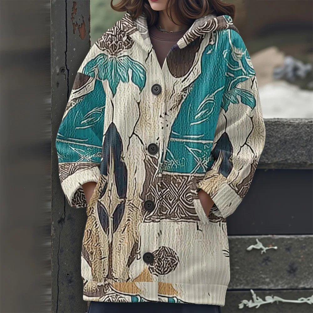 ボヘミアン風コラージュ柄花柄カジュアルレディースセーター2025新作レディースロングセーターボヘミアン風コラージュ柄花柄セーター