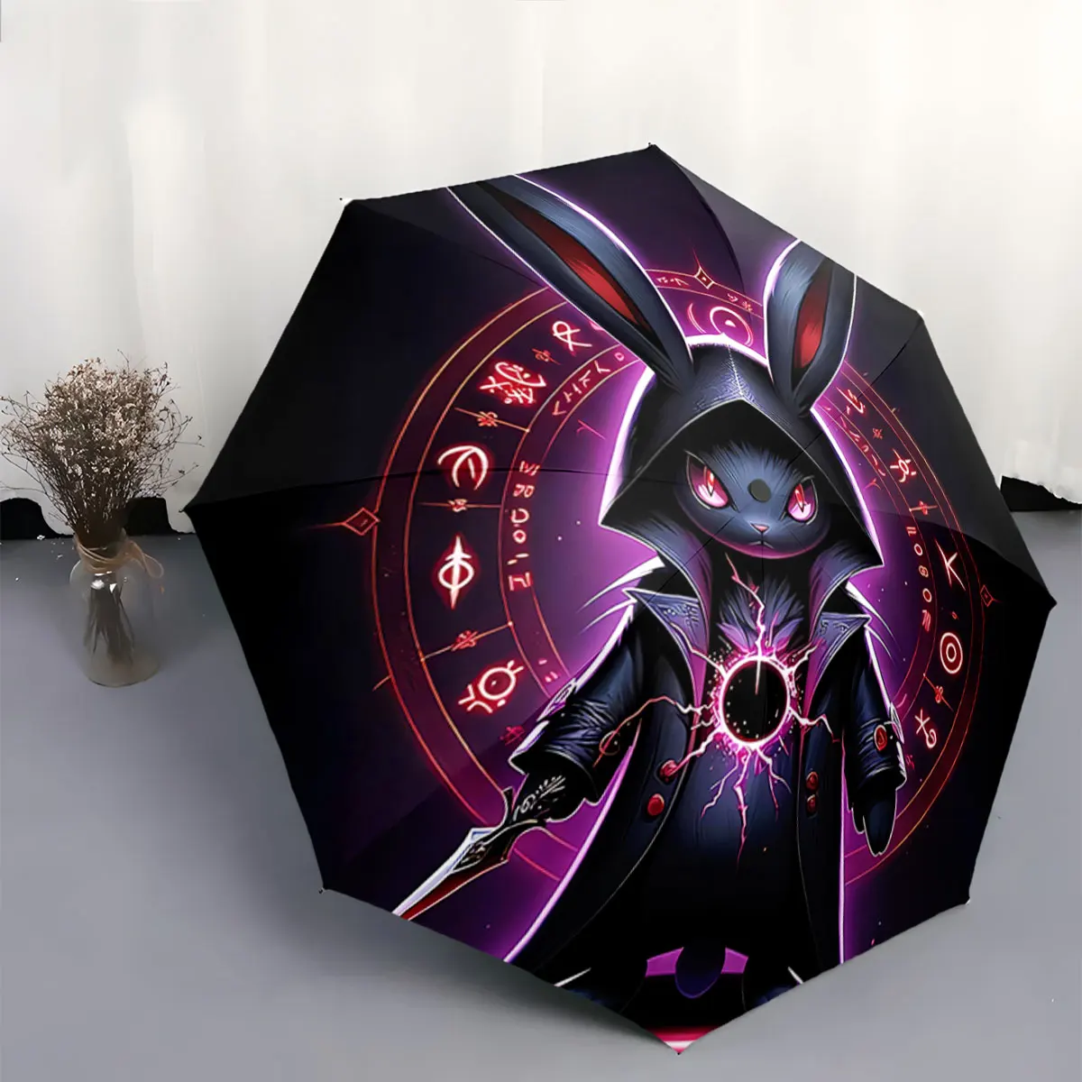 Mystical Hooded Rabbit with Dark Magical Symbols Design portable waterproof sun rain umbrella for outdoor travel beach