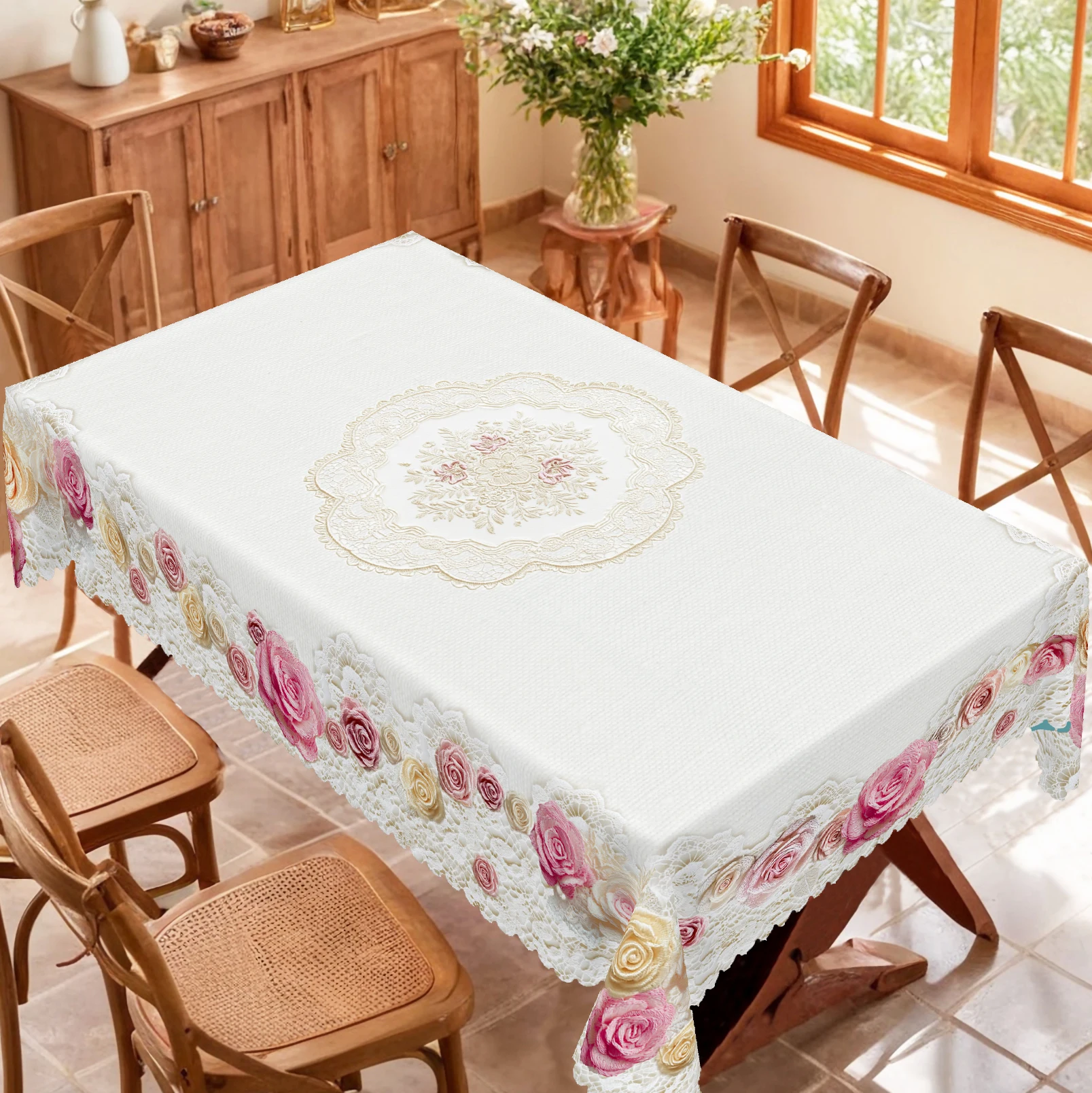 1 Piece Floral Spring/Summer Round Tablecloth, Available in Various Sizes, with a Light White Base Color Interwoven with Pink Roses and Soft Yellow Three-Dimensional Roses, Featuring a Printed Round Tablecloth with a Beige Gold Lace Pattern, Embossed Edges, French Style, Spring Atmosphere Tablecloth Decoration, Suitable for Home Dining Tables, Terrace Tea Gatherings, Garden Parties, Outdoor Picnics, and Other Occasions, Spring Home Decor Gift