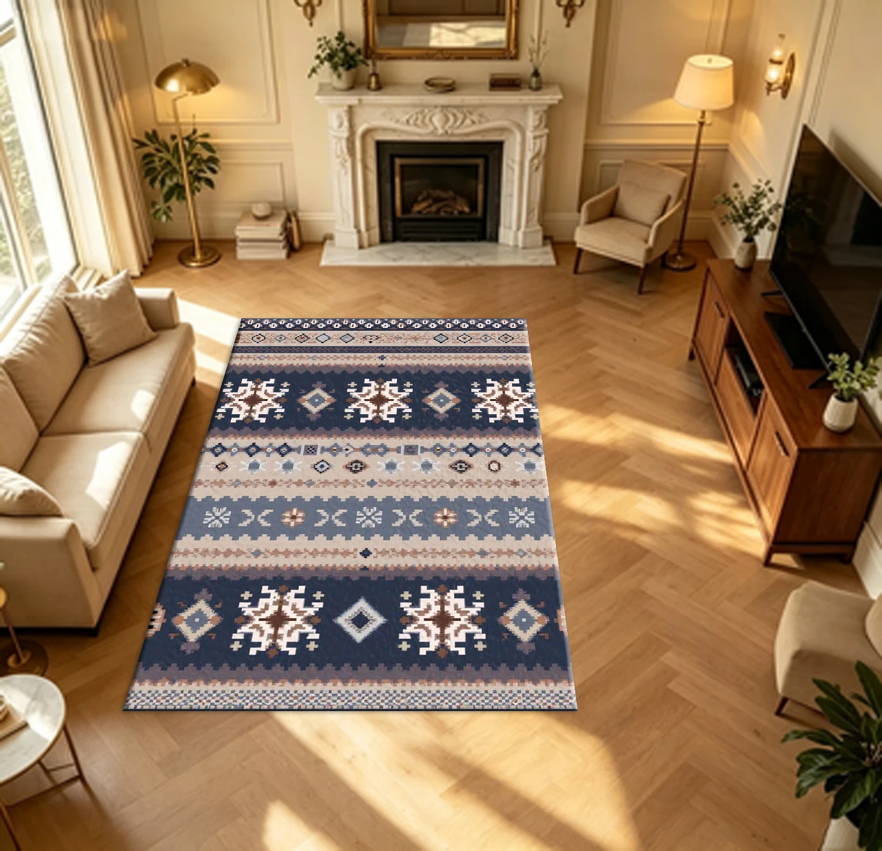 Navy Blue Beige Ethnic Kilim Striped Pattern Carpet Flooring Living Room Home Decor Rug