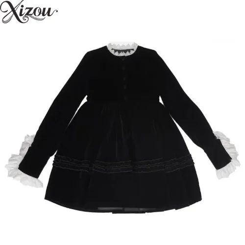 

Vintage Dark Style Halloween Ball Gown Lady Cake Lace High Waist Loose Black Solid Color Velvet Dress Women Spring Summer 2025