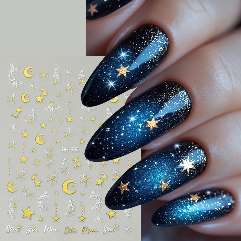 2 pcs 3D Slivery Golden Stars Moon Nail Stickers Multi-styled Stars Moon Adhesive Sliders for Nails Ramadan Festival Nail Decor
