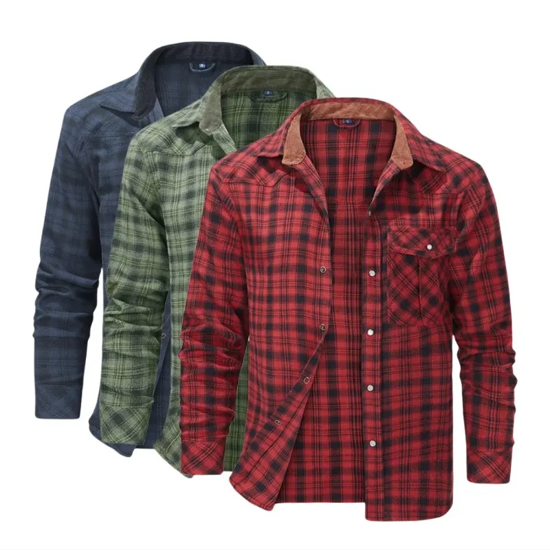 

Men's Shirts Spring Flannel Long Sleeve Plaid Checkered Brushed Casual Western Cowboy Pearl Snap Shirt Popular Clothes US Size