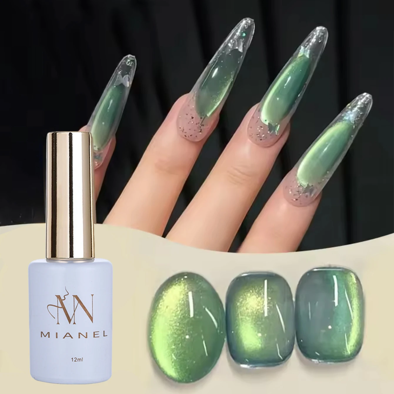 MIANEL 12ML 1PCS Green Glass Bead Gold Light Cat Eye Magnet Gel Nail Polish Summer Nails Popular Whitening Green Nails