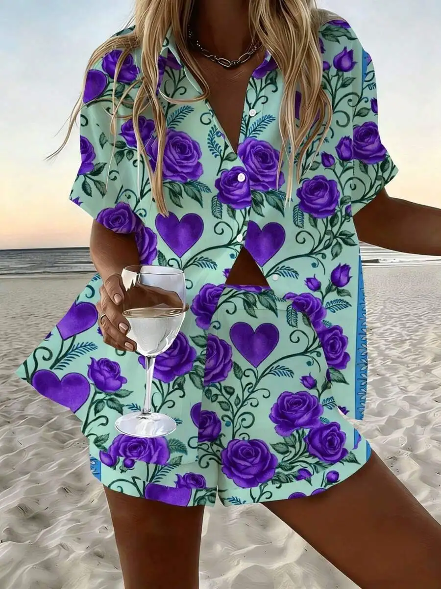 

Womens Floral Heart Print Two-Piece Set Light Green Purple Rose Short Sleeve Shirt And Shorts Casual Vacation Beach Outfit