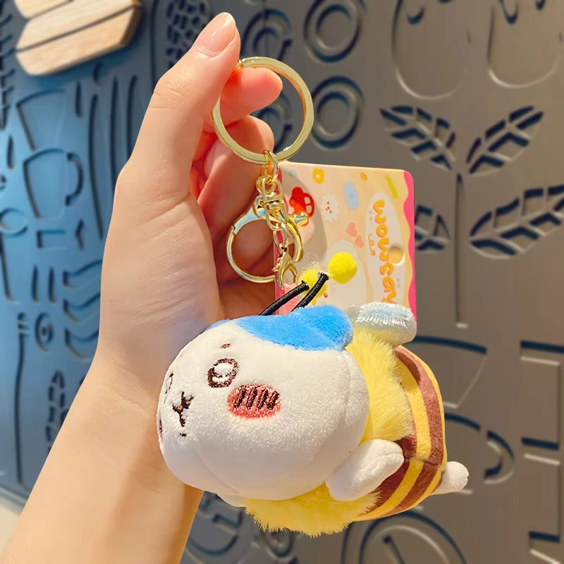 Miniso chaveiro de pelúcia série chiikawa pequena abelha dos desenhos animados boneca hachiware usagi mochilas pingente decoração bonito brinquedos de pelúcia crianças presentes