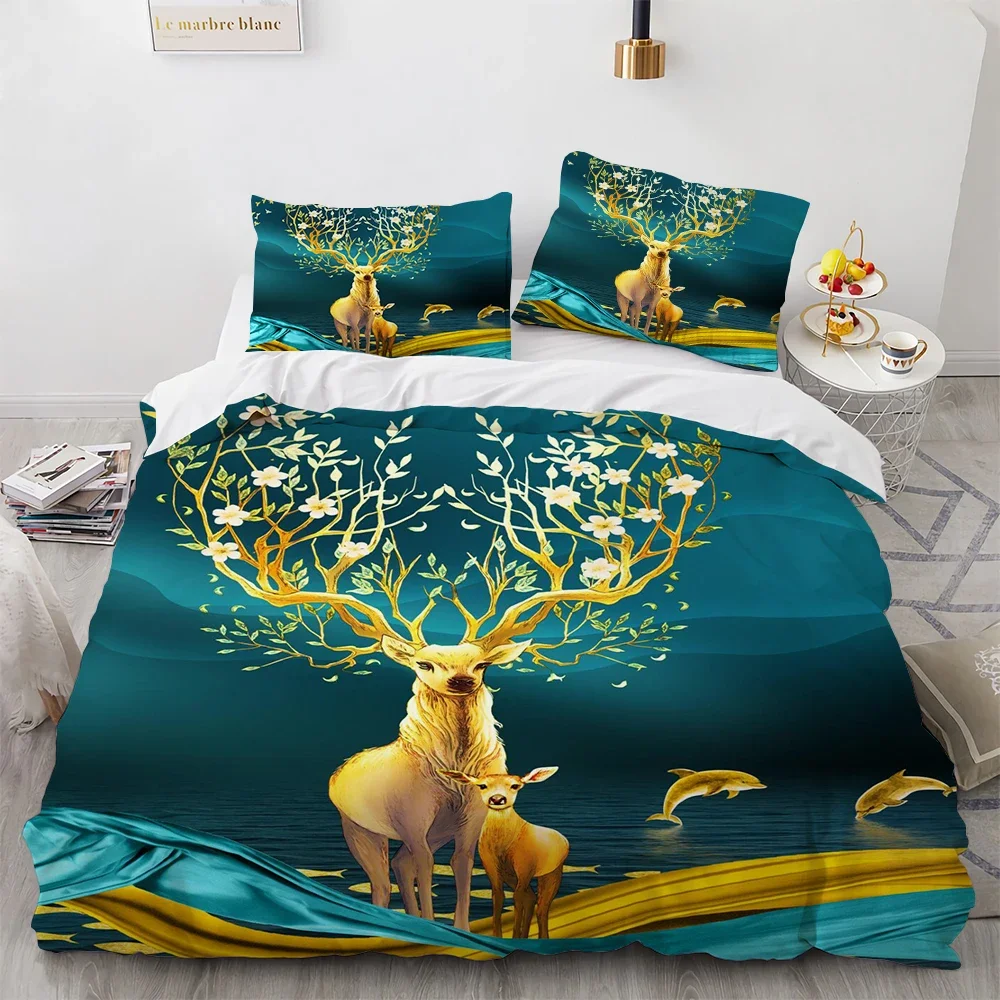 Cartoon Elk Duvet Cover Golden Deer for Women Children Wild Buck Theme Quilt Cover Luxurious Golden Antlers Bedroom Decorations