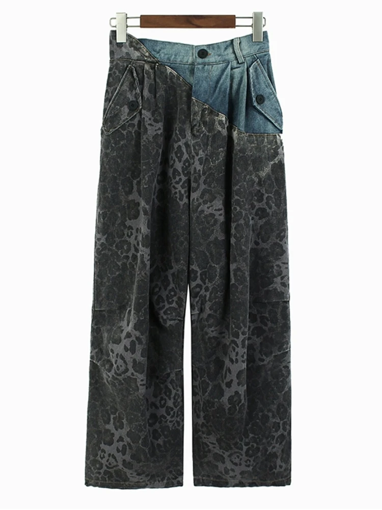 [EAM] High Elastic Waist Green Leopard Print Denim Long Wide Leg Pants New Trousers Women Fashion Spring Autumn 2024 1DH6193