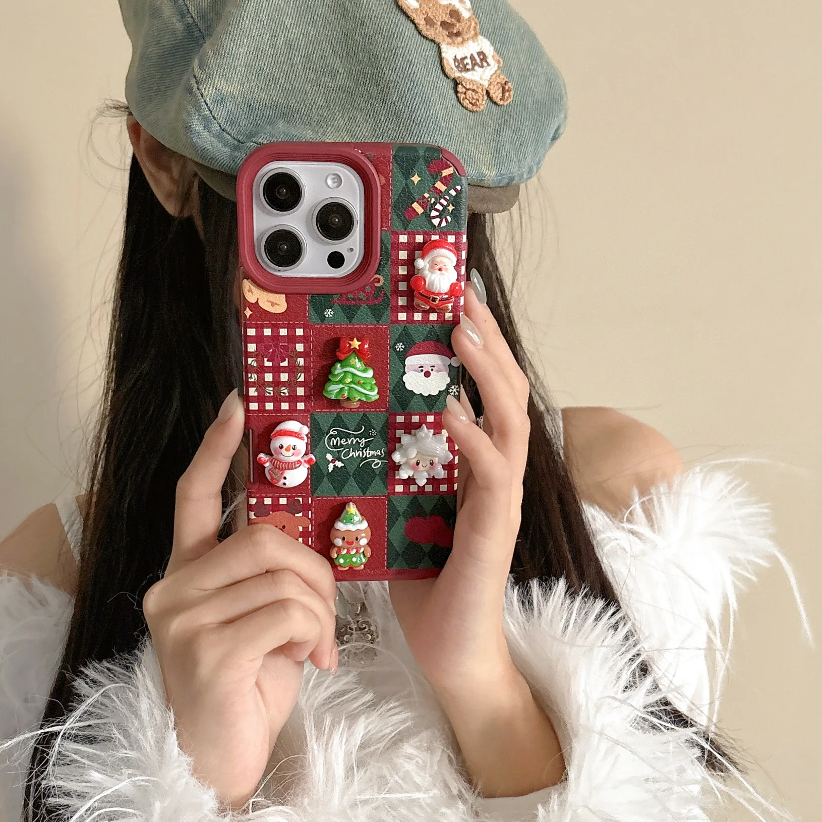 3D Christmas Doll Cartoon Phone Case for Apple iPhone 11 16 15 13 12 14 Pro Max Veneering Leather Cover Snowman Tree Santa Claus