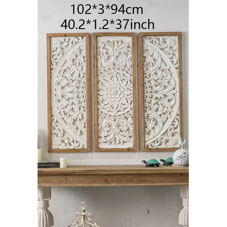 Panel White Wood Frame Carving Craft Large Wall Hangings for Home Decor Rustic Style Living Room Art Vintage Antique Square 3 PC