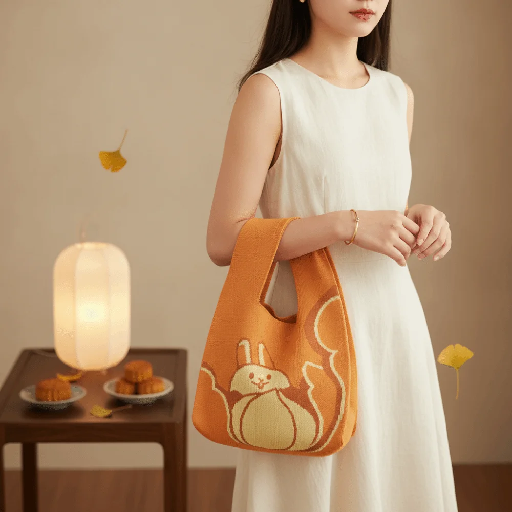 Knit Fabric Knit Wrist Bag Double Sided Thick Woven Rabbit Gift Pouch Flower Pendant Cute Cartoon Flower Charm Handbag view 4
