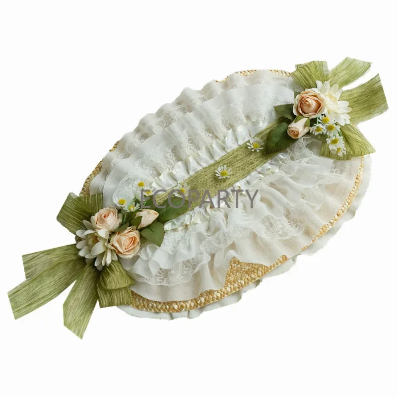 Pastoral Style Lolita Hat Sen Series Small Fresh Lolita Woman Hat with Lace Ribbon Silk Flowers Straw Hat Tea Party Flat Hat