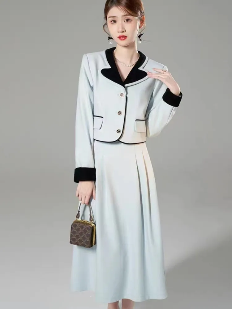 

Women's Single Breasted Midi Skirt Suit Turn Down Collar Single Breasted Coat A-Line Fashion 2 Piece Set Autumn Winter